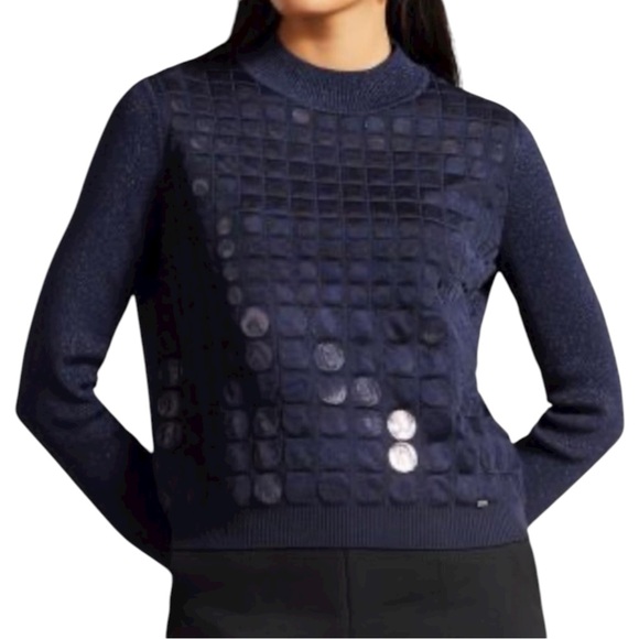 Ted Baker Yivonne Navy Trapped Sequin Mock Neck Knit...